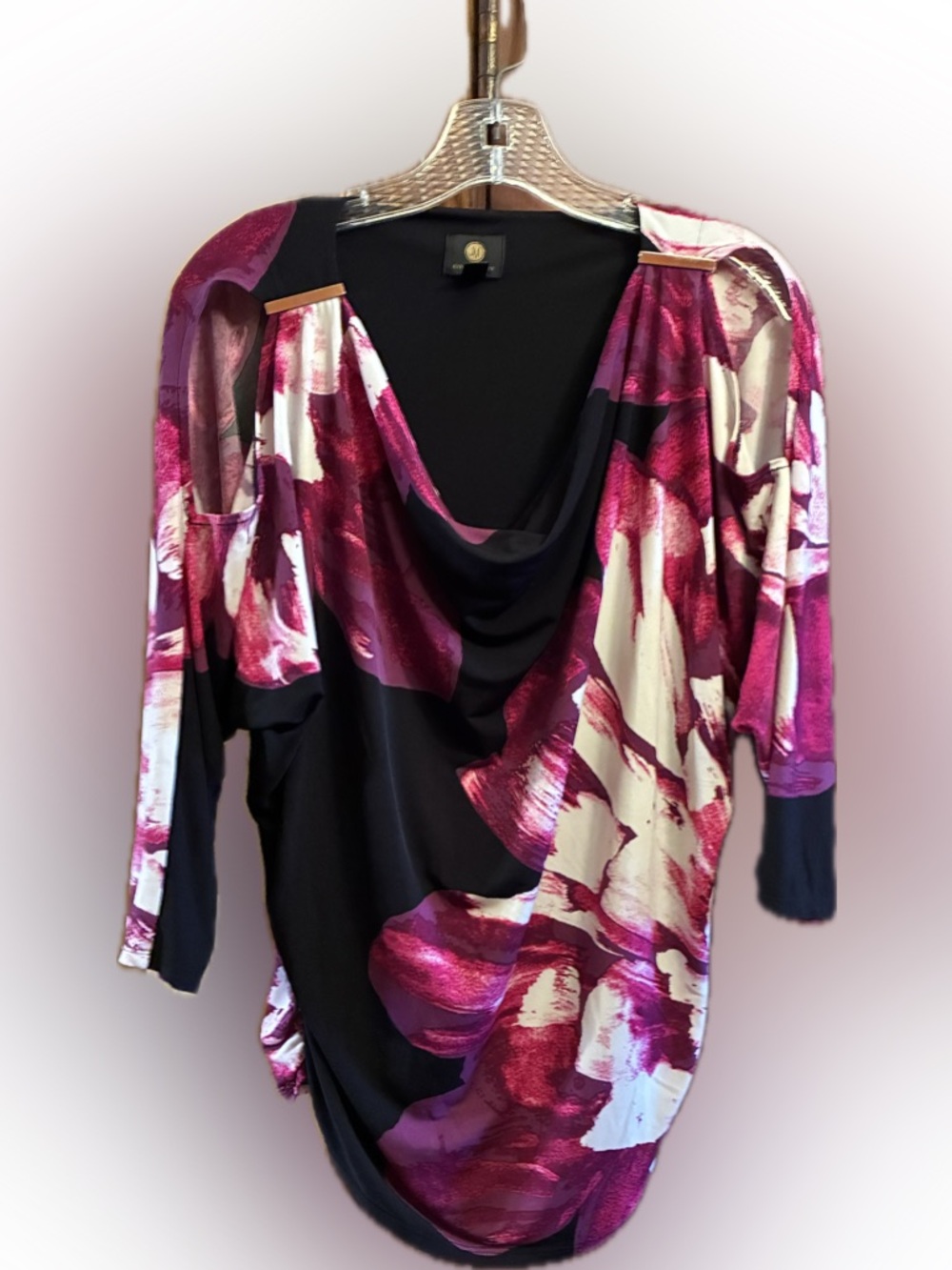 JM Collection Black Floral Top with Cold Shoulder